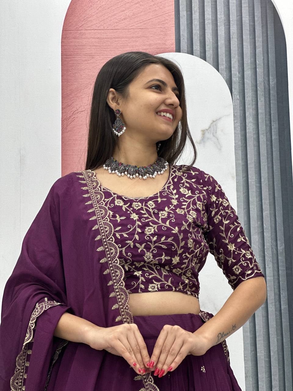 Wine color chinon lehenga choli with dupatta online shopping