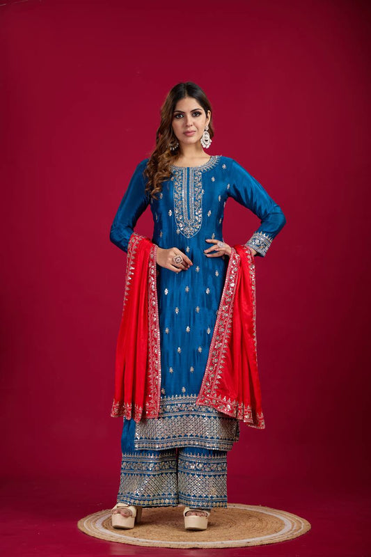 Teal blue color chinon silk sharara suit for wedding
