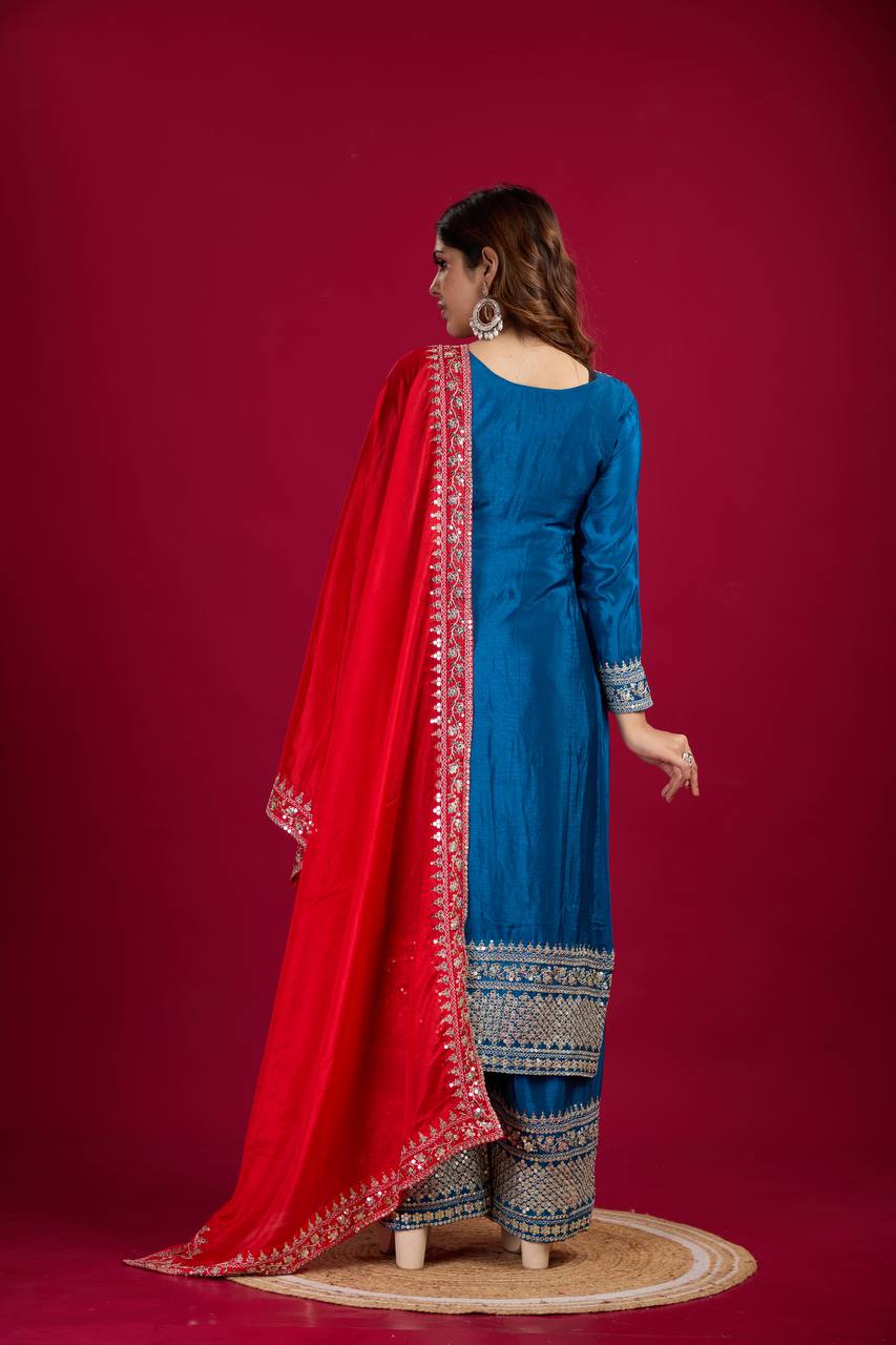 Teal blue color chinon silk sharara suit with dupatta images