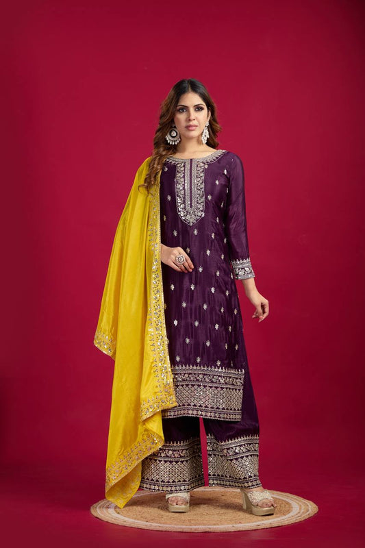 purple color chinon silk sharara suit with dupatta online