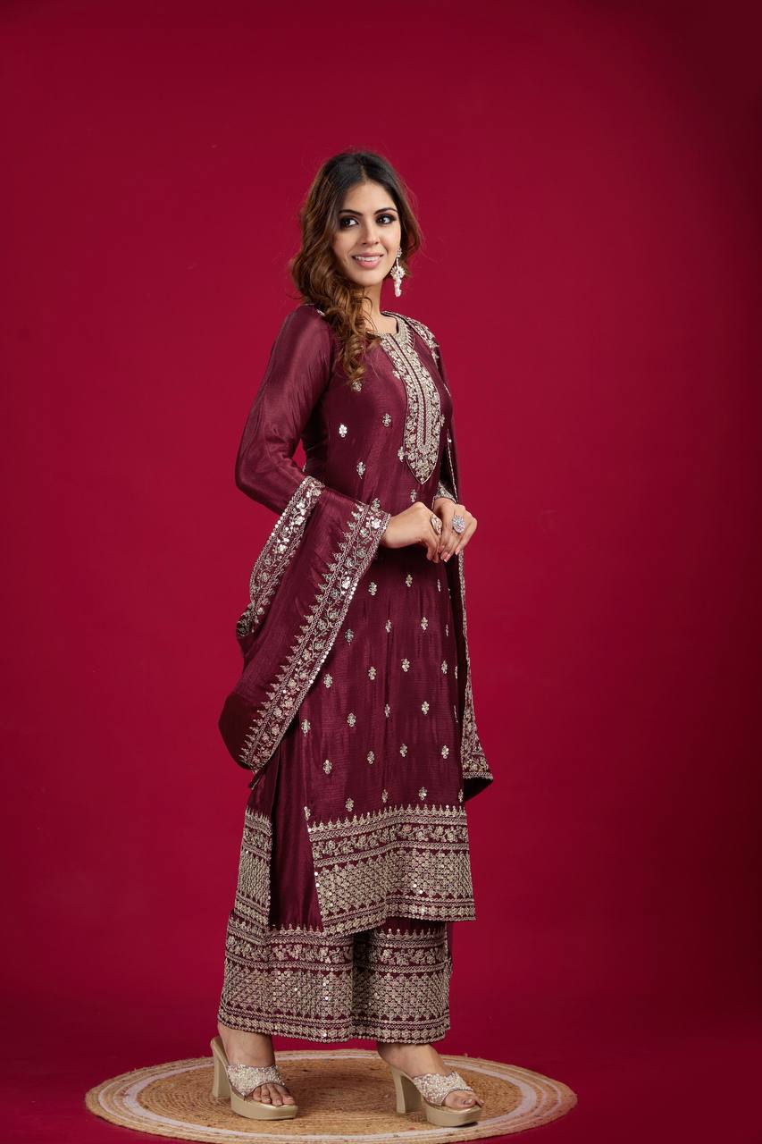 Maroon color chinon silk sharara suit with dupatta price