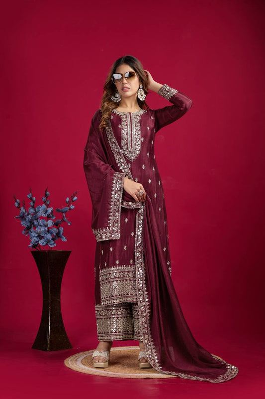 Maroon color chinon silk sharara suit for wedding
