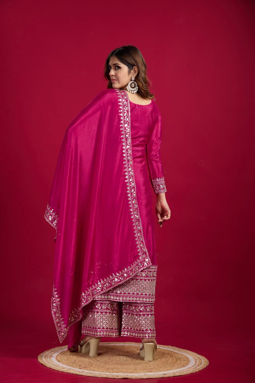 Pink color chinon silk sharara suit with dupatta for party