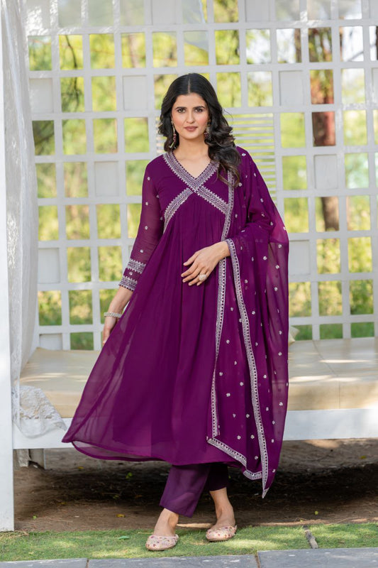Wine color georgette aliya cut long gown with dupatta