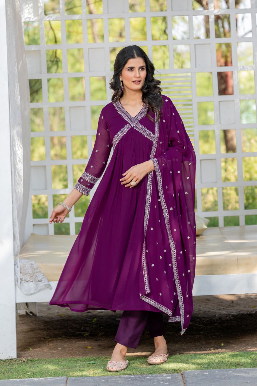 Wine color georgette aliya cut long gown with dupatta online