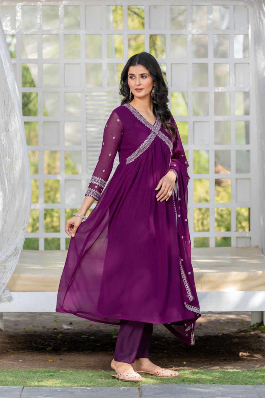 Wine color georgette aliya cut long gown with dupatta images
