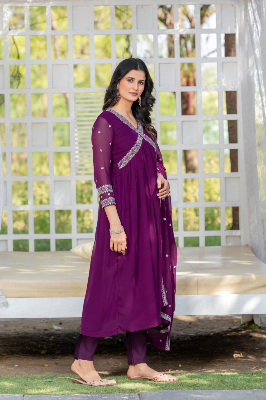Wine color georgette aliya cut long gown with dupatta