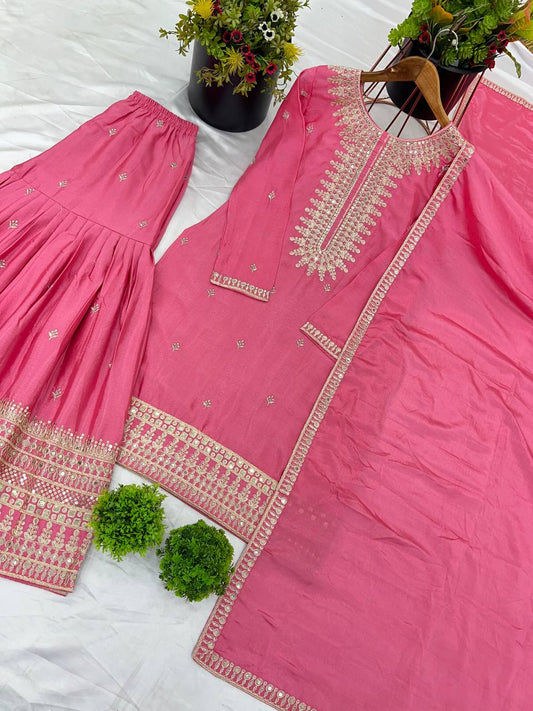 Pink color chinon silk sharara suit for wedding