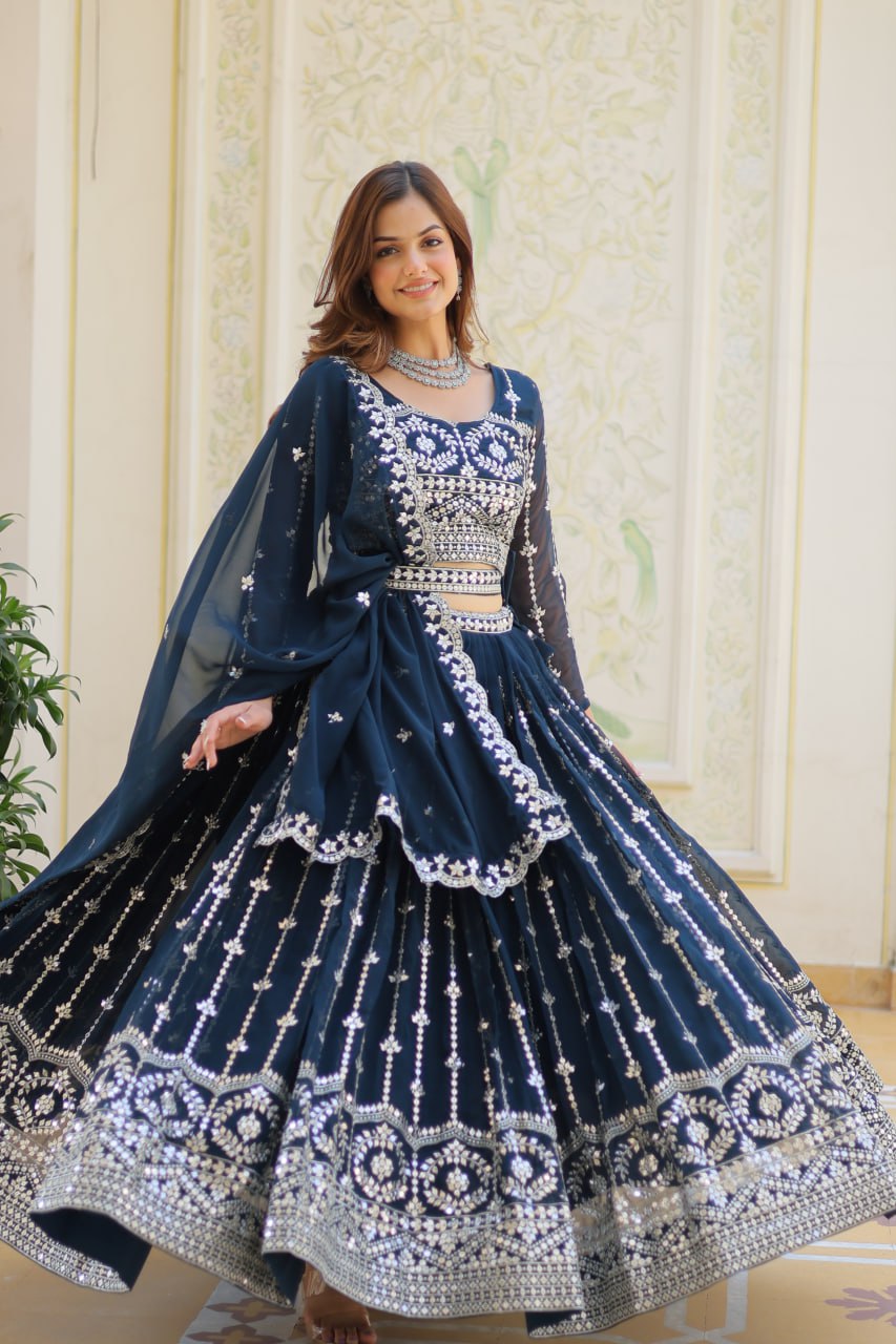Teal blue color georgette lehenga choli with blouse price