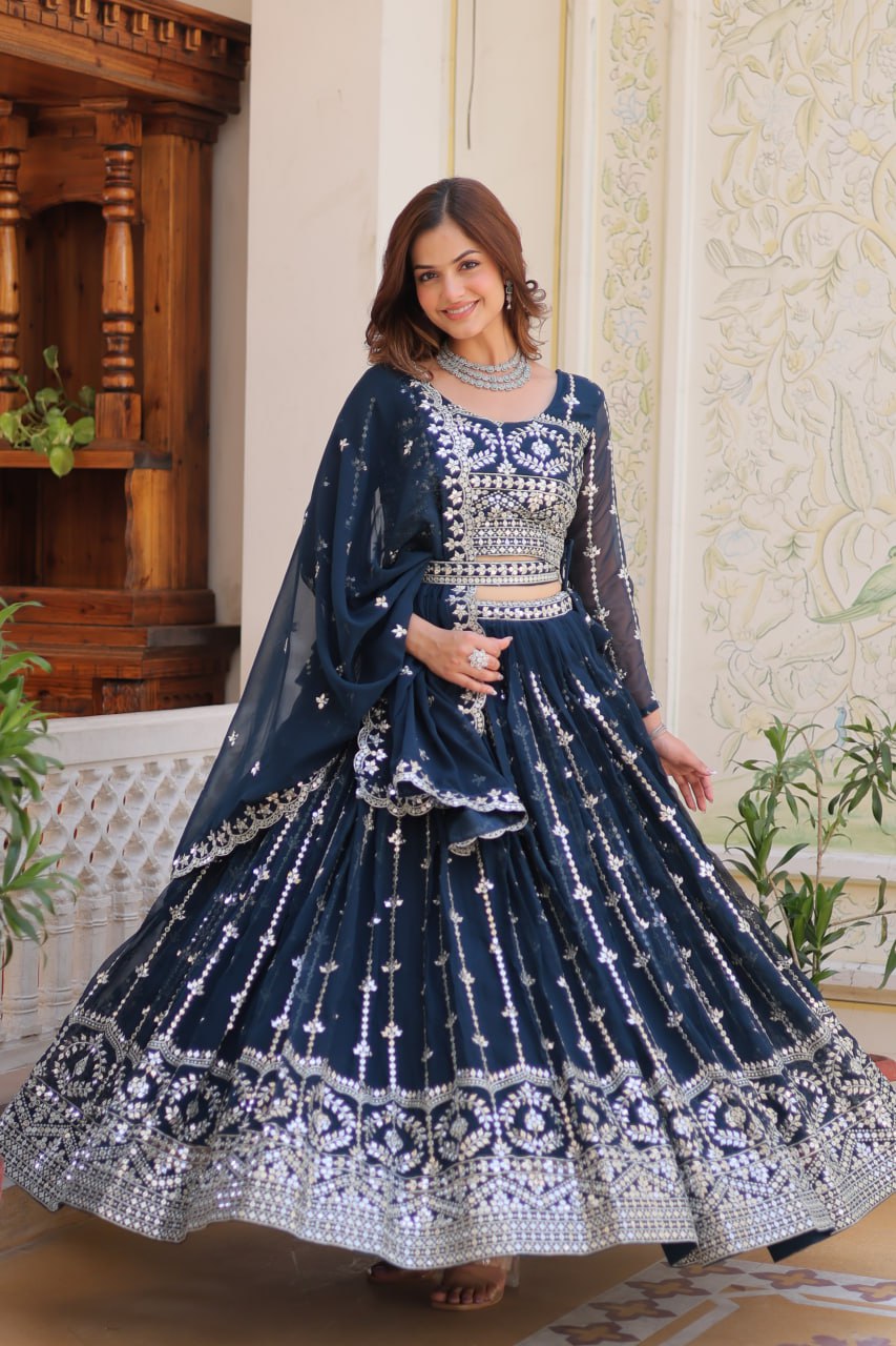 Teal blue color georgette lehenga choli with blouse images