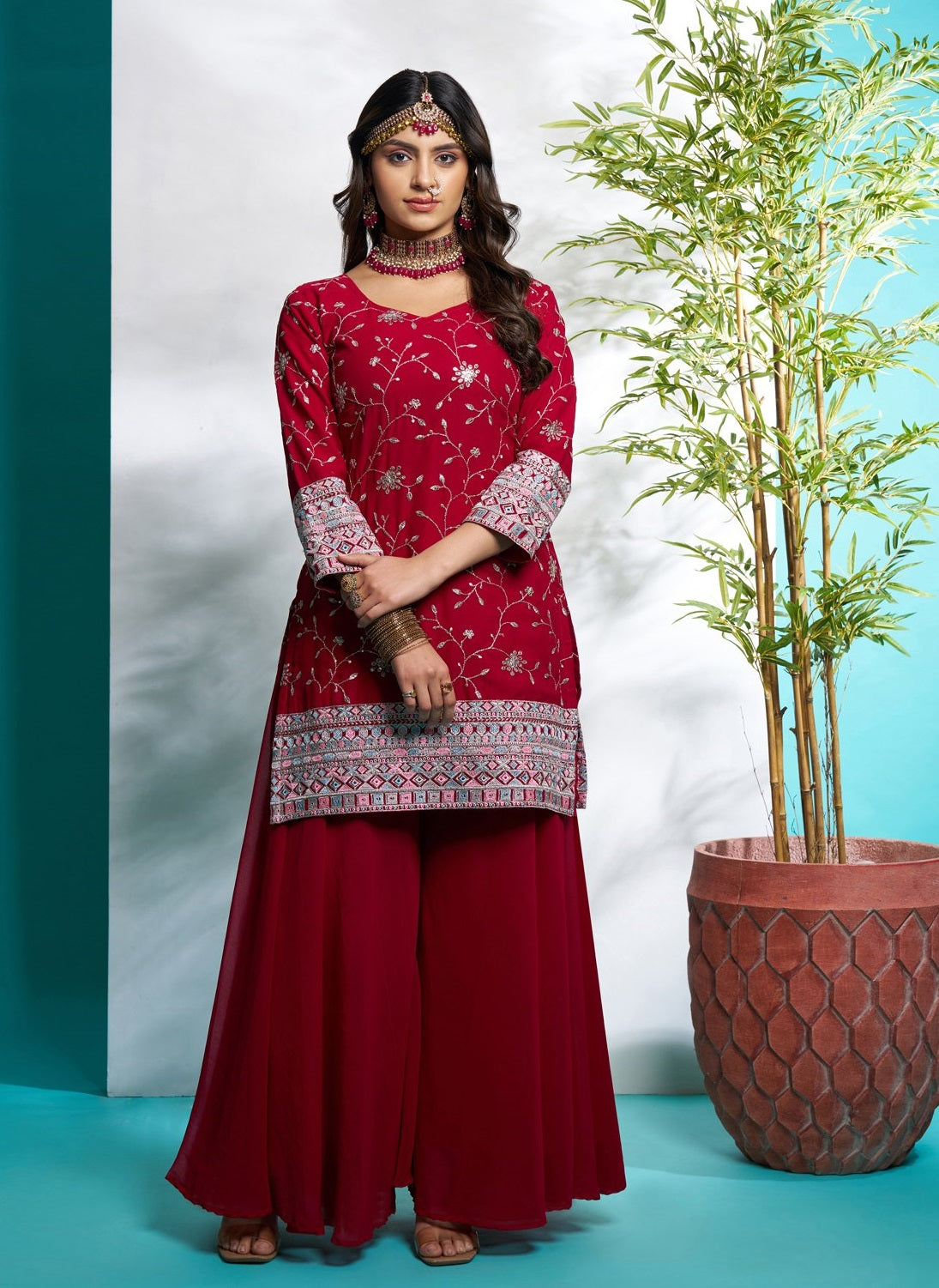 Red color georgette sharara suit for women