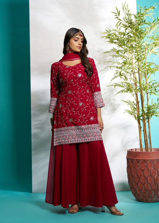 Red color georgette sharara suit for wedding