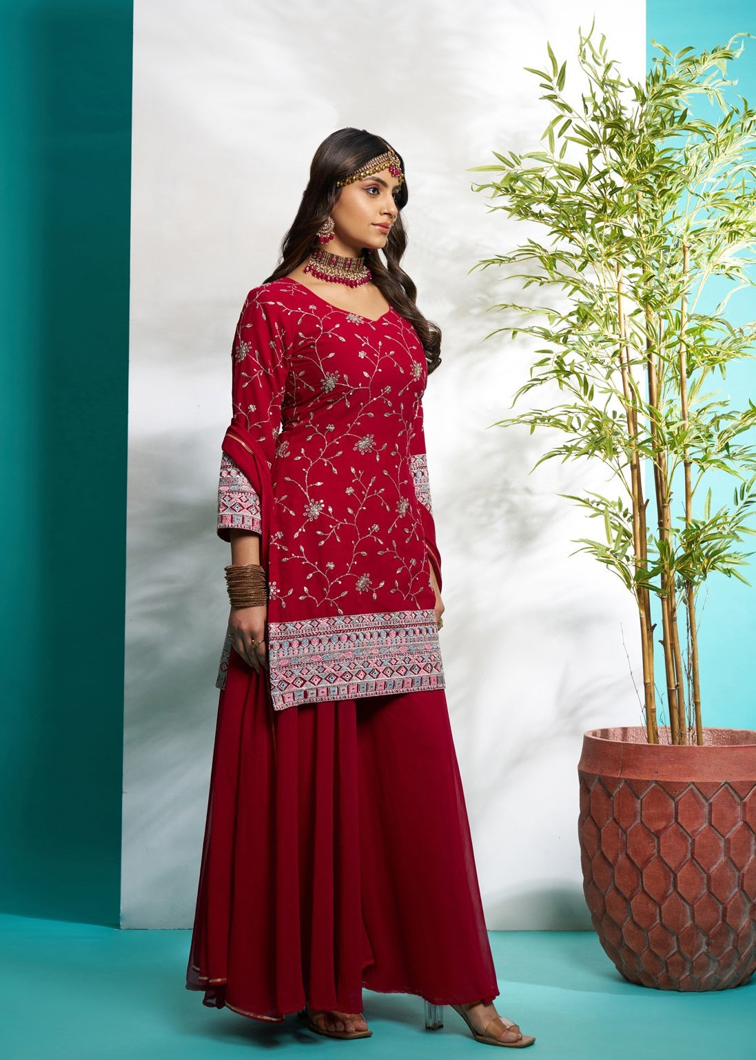 Red color georgette sharara suit with dupatta online