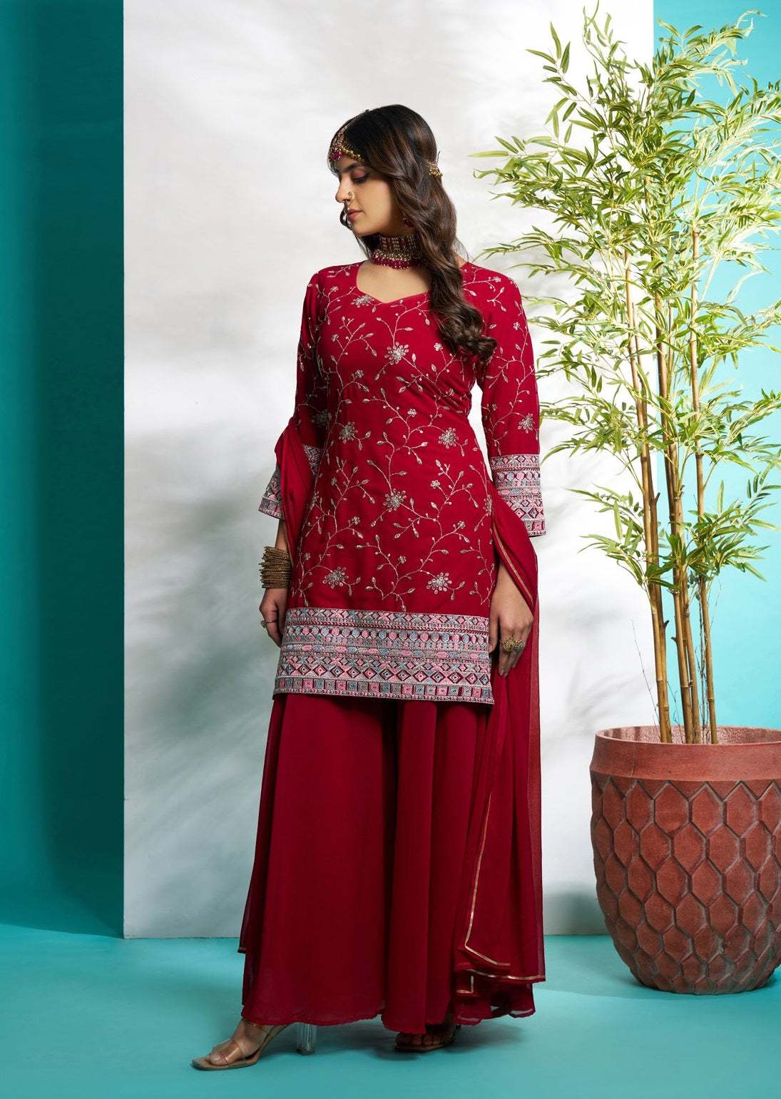 Red color georgette sharara suit with dupatta online shopping