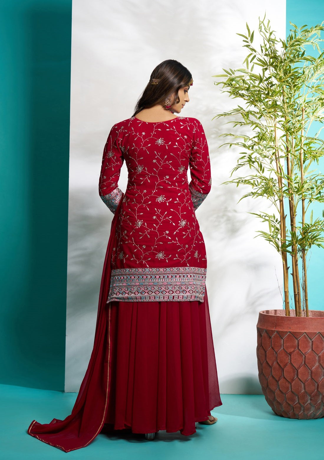 Red color georgette sharara suit with dupatta price