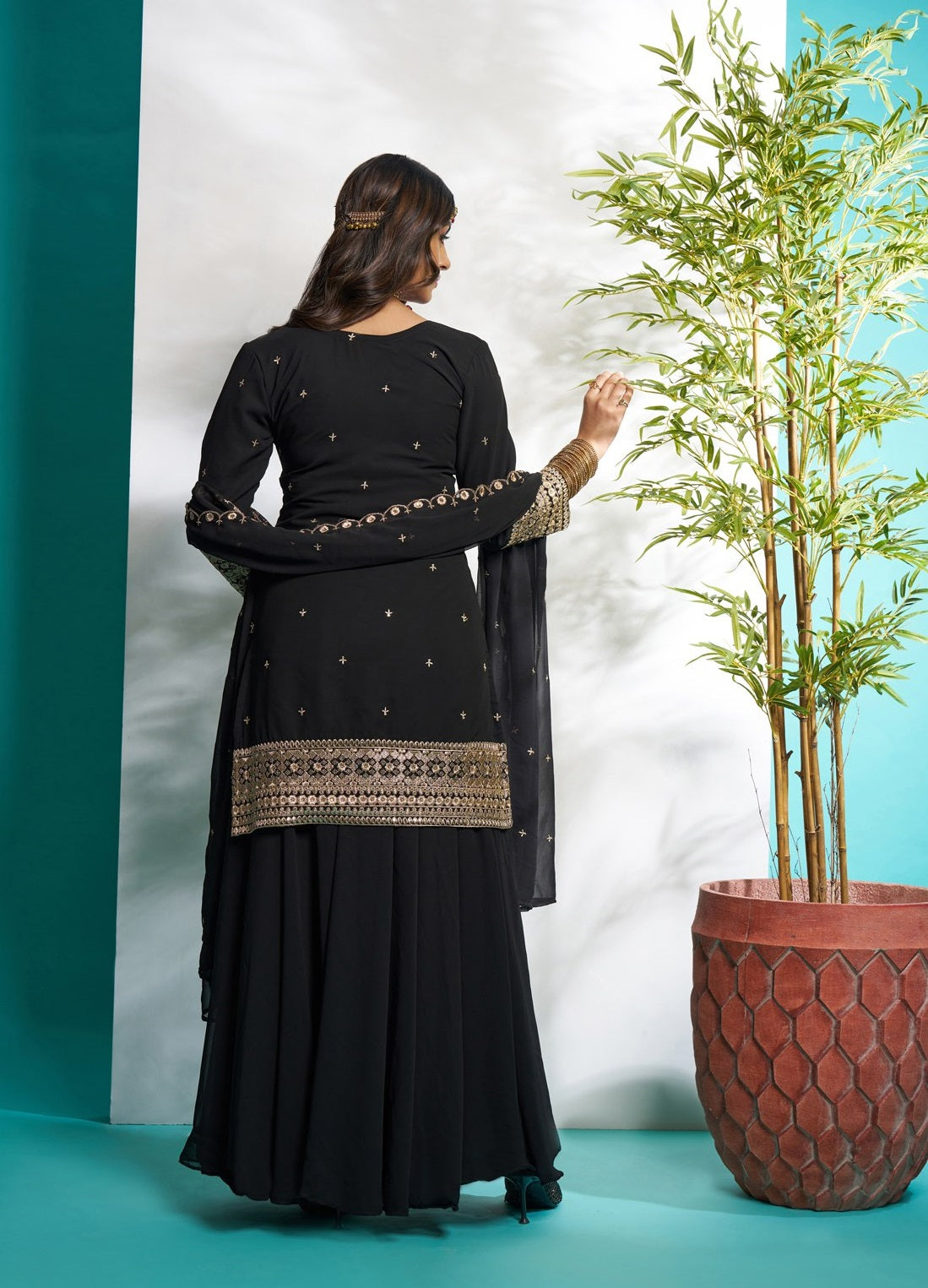 Black color georgette sharara suit with dupatta images