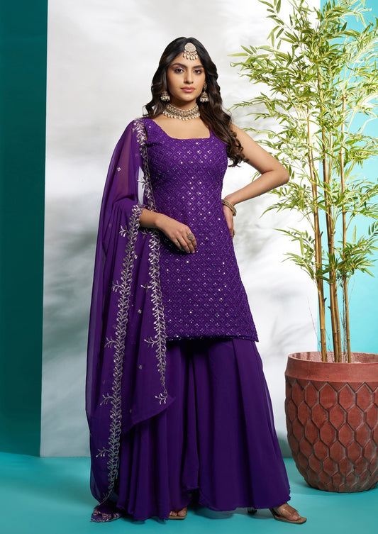 Purple color georgette sharara suit for wedding