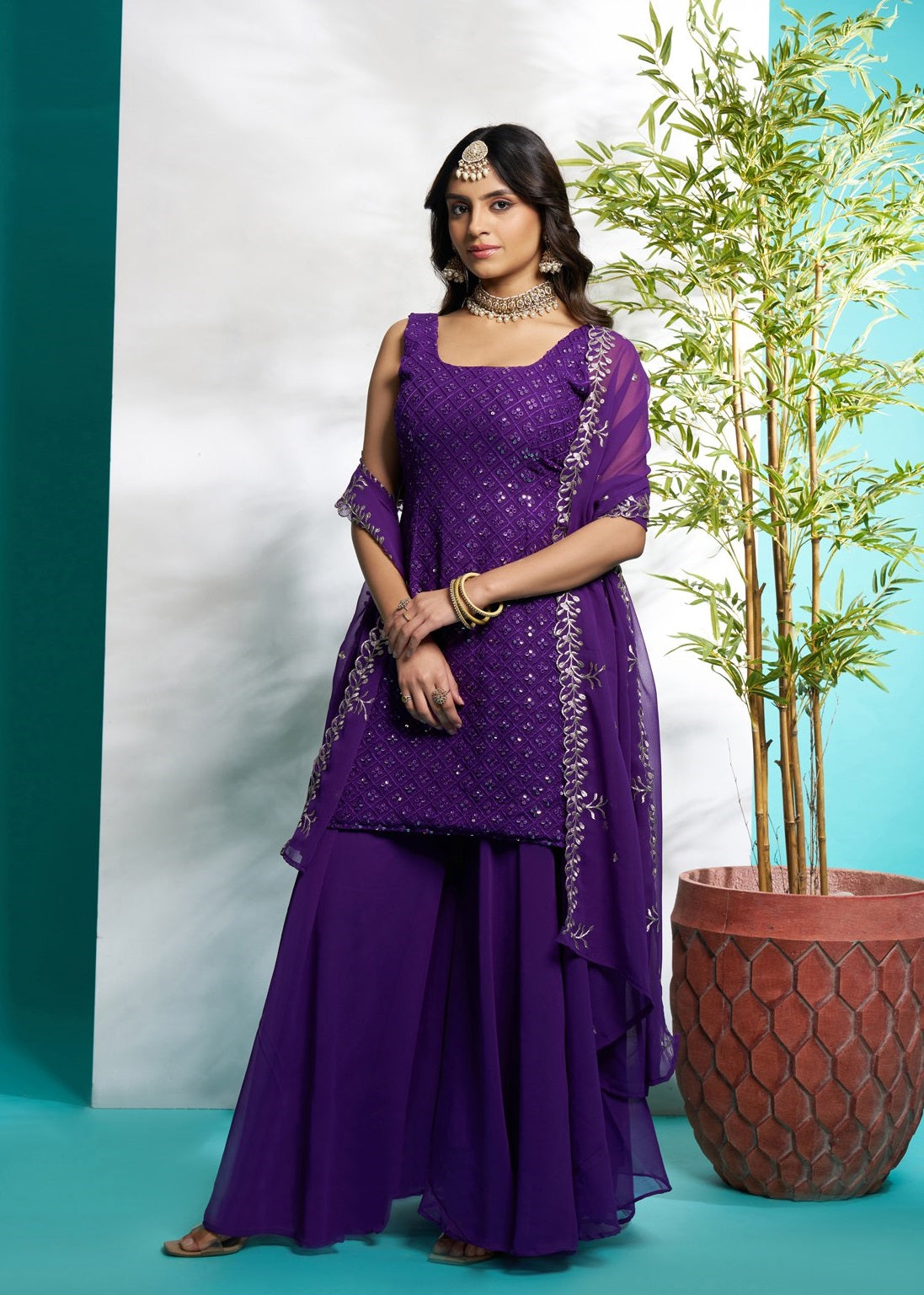 Purple color georgette sharara suit with dupatta price