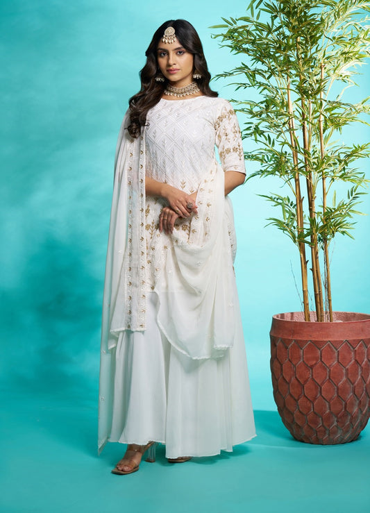 White color georgette sharara suit for wedding