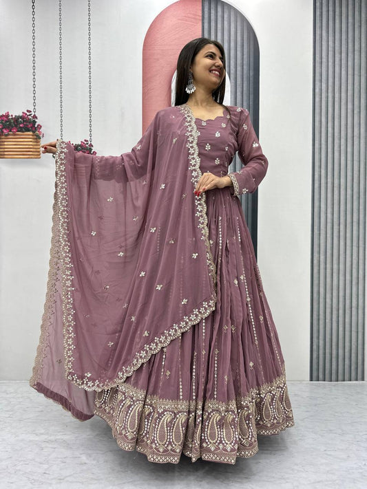 Purple color georgette long gown for wedding