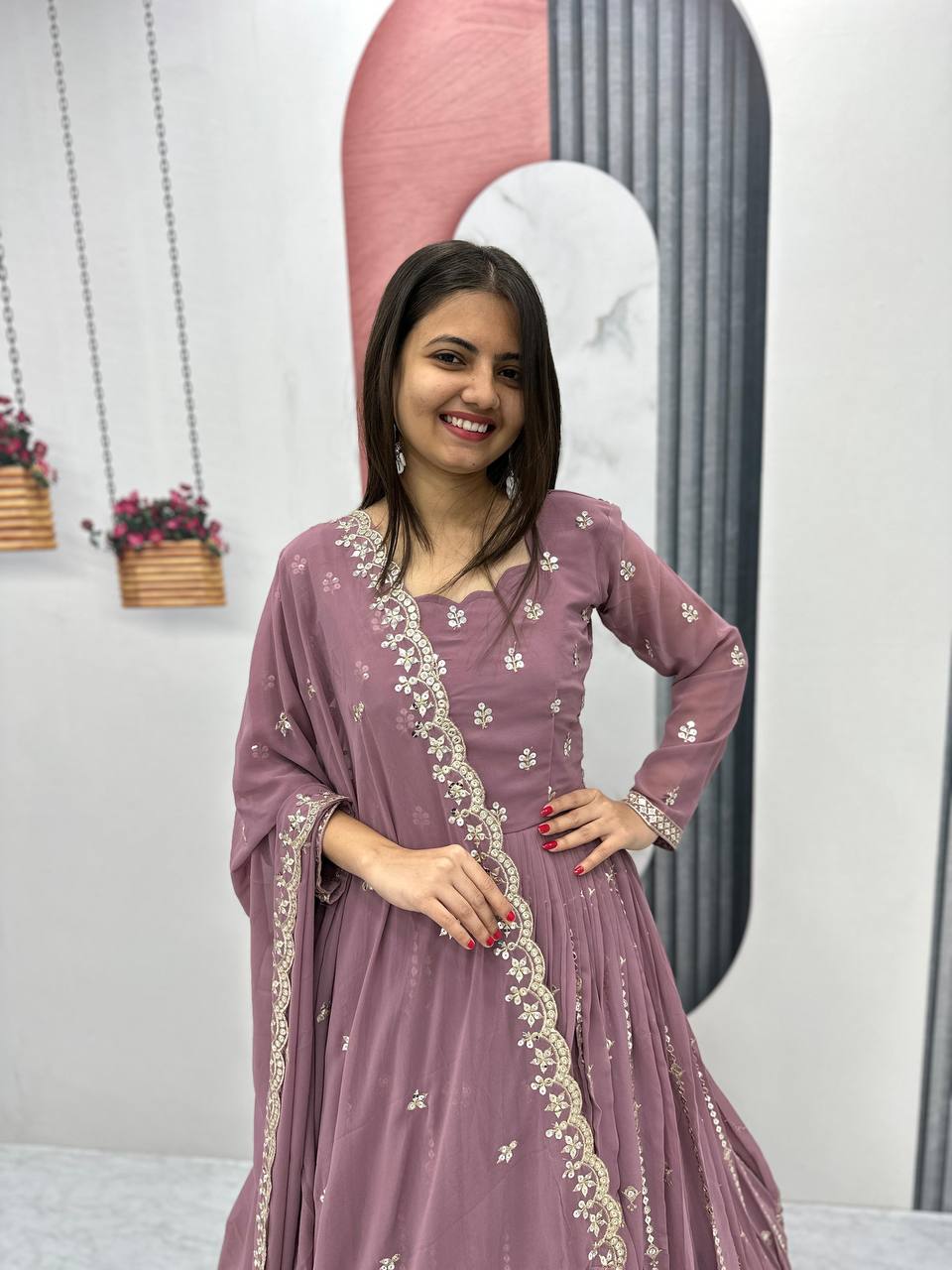 Purple color georgette long gown with dupatta online