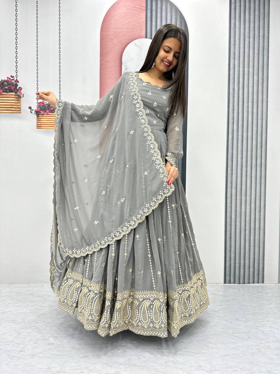 Grey color georgette gown with dupatta online