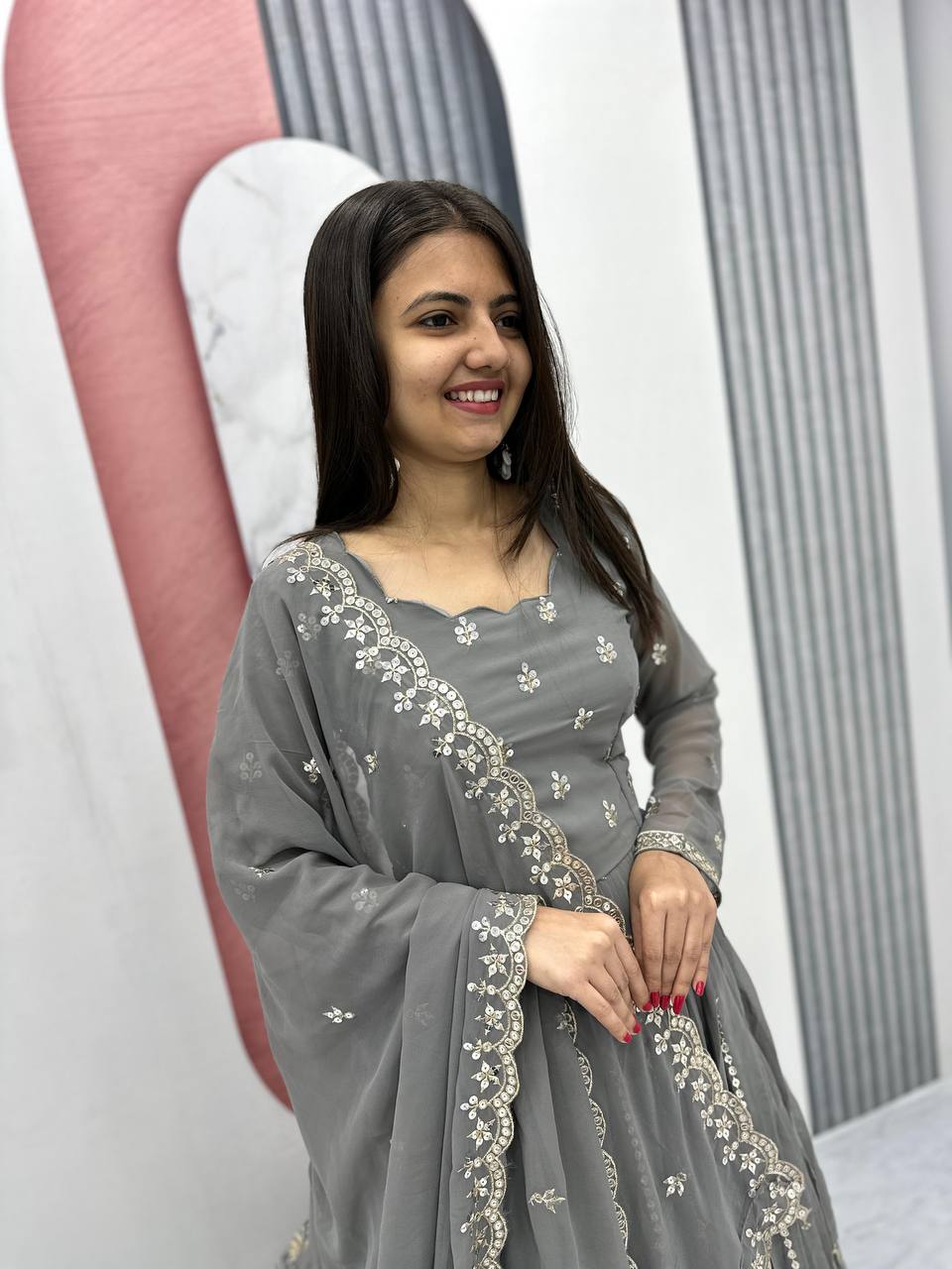 Grey color georgette gown with dupatta price
