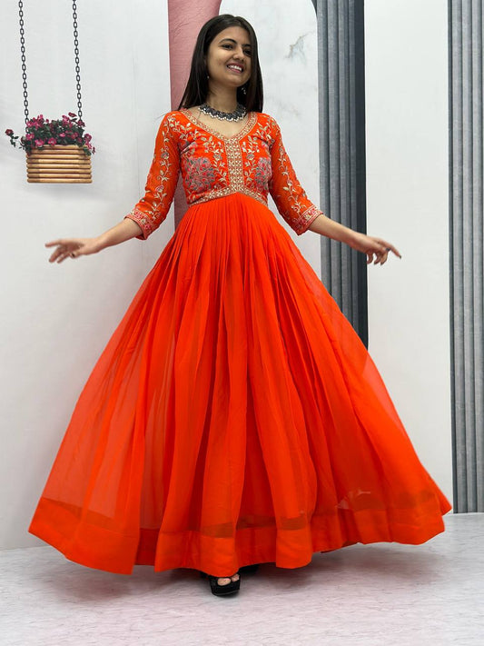 Orange color georgette long gown with dupatta