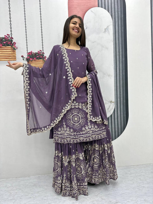 Lavender color georgette sharara suit for wedding