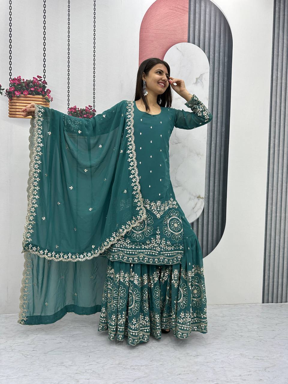 Rama color georgette sharara suit with dupatta price