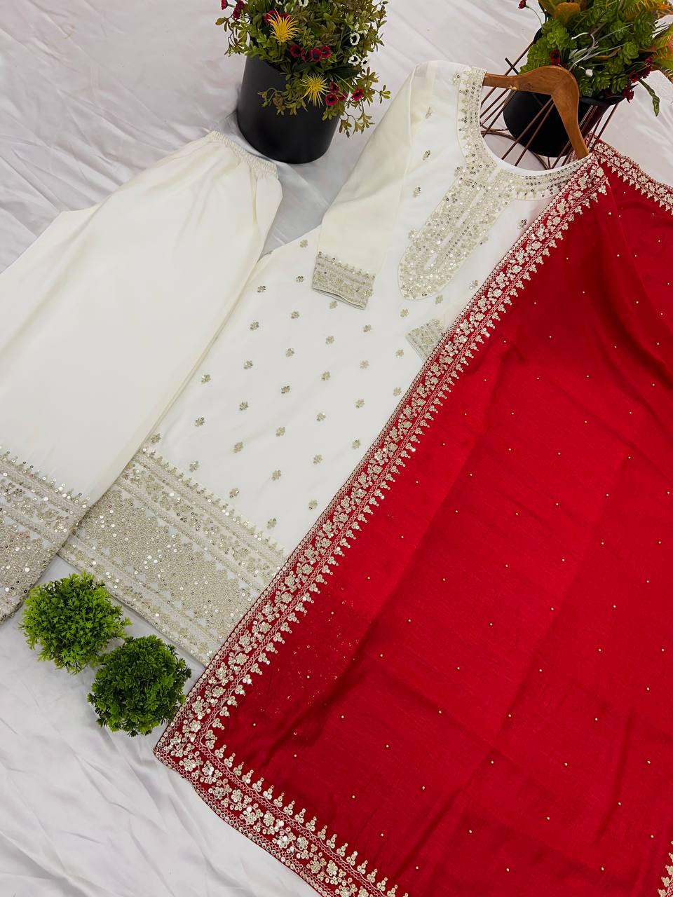 White color chinon silk sharara suit with dupatta images