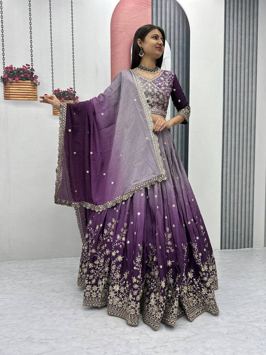 Purple color chinon lehenga choli for wedding