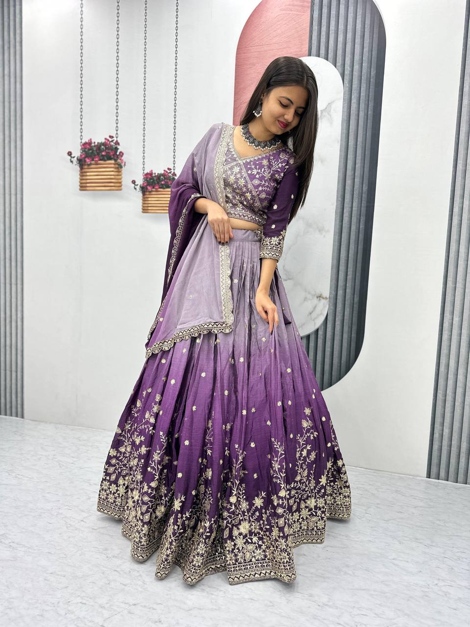 Purple color chinon lehenga choli with dupatta price