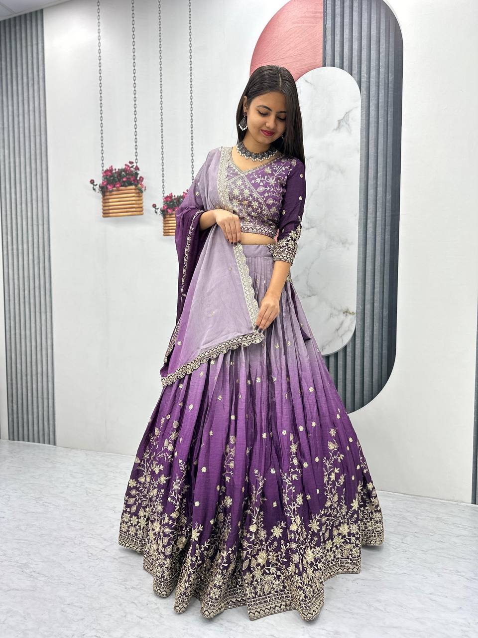 Purple color chinon lehenga choli with dupatta online