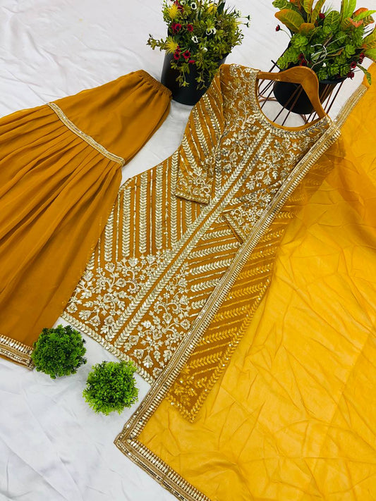Yellow color chinon silk sharara suit for wedding