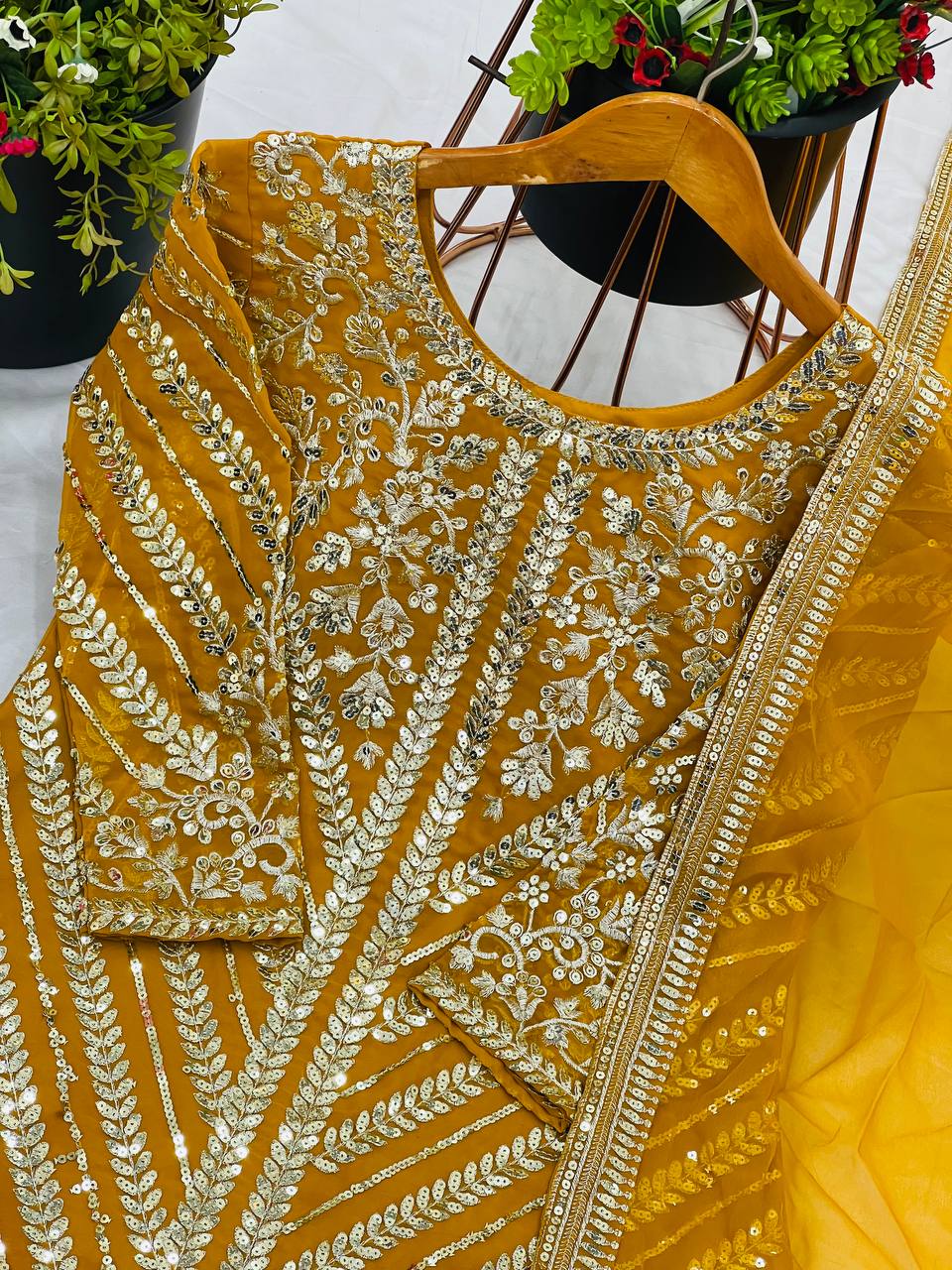 Yellow color chinon silk sharara suit online shopping