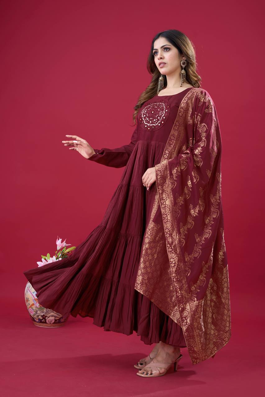 Maroon color roman silk long gown with dupatta online