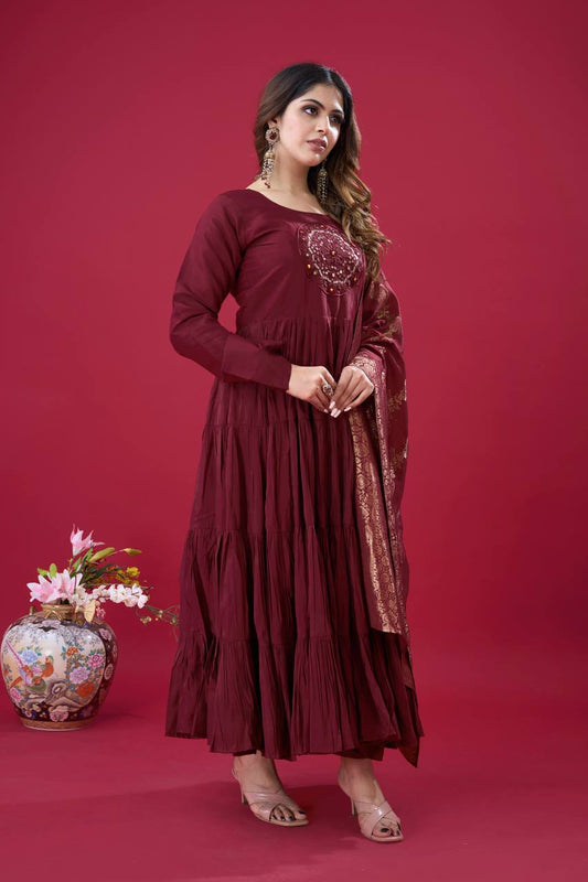 Maroon color roman silk long gown with dupatta