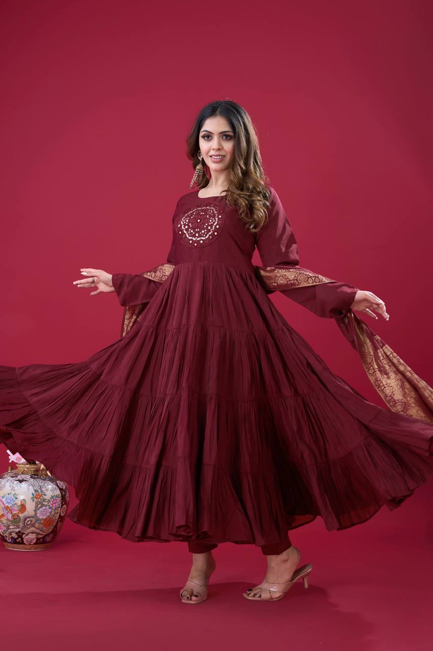 Maroon color roman silk long gown with dupatta images