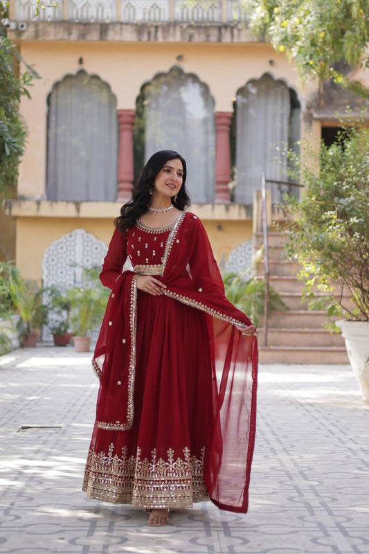 Red color faux blooming long gown with dupatta price