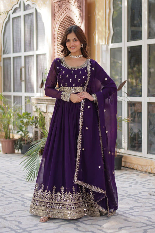 Purple color faux blooming long gown with dupatta images