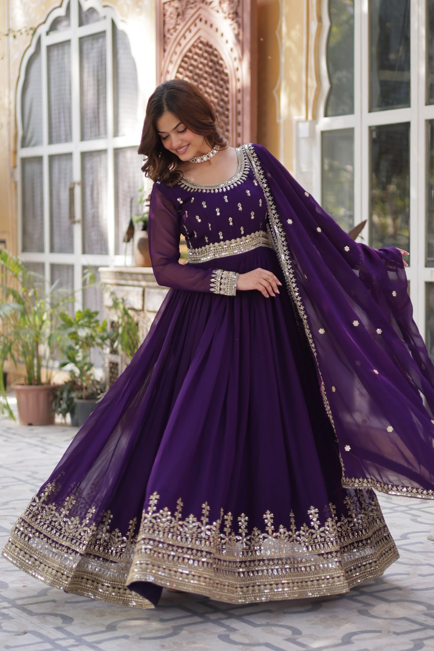 Purple color faux blooming long gown with dupatta online