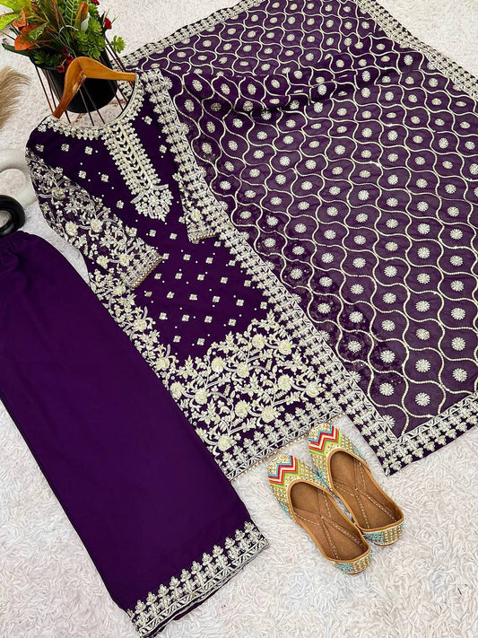 Purple color georgette sharara suit with dupatta online