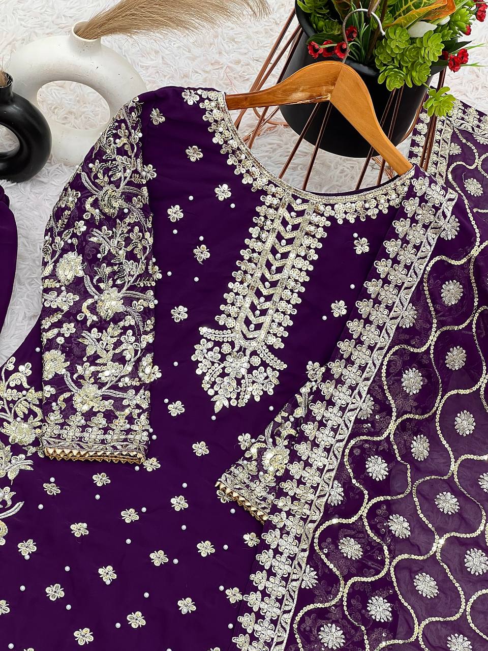 Purple color georgette sharara suit with dupatta price