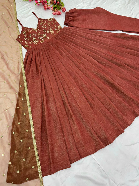 Rust color fandy silk sequins work gown with dupatta price