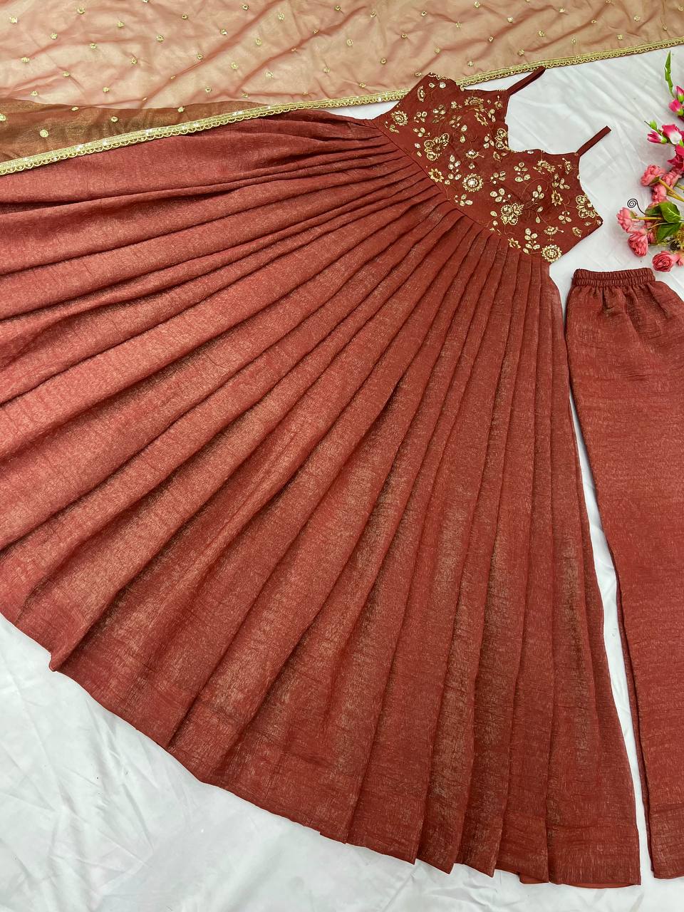 Rust color fandy silk sequins work gown with dupatta price