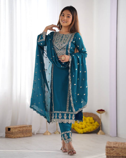 Turquoise chinon silk salwar suit with dupatta