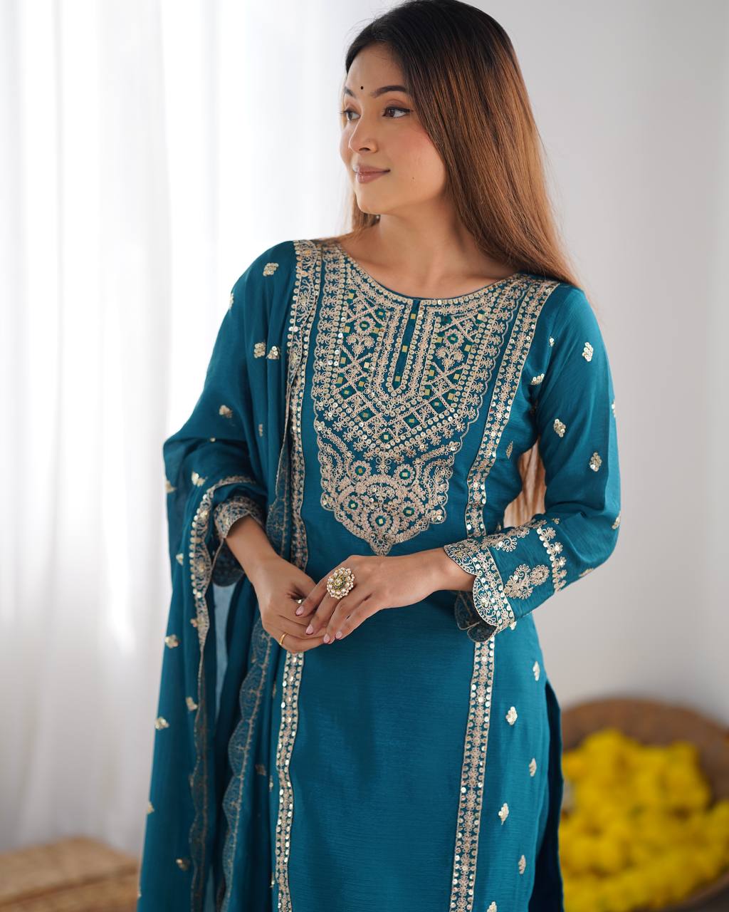 Turquoise chinon silk salwar suit for wedding