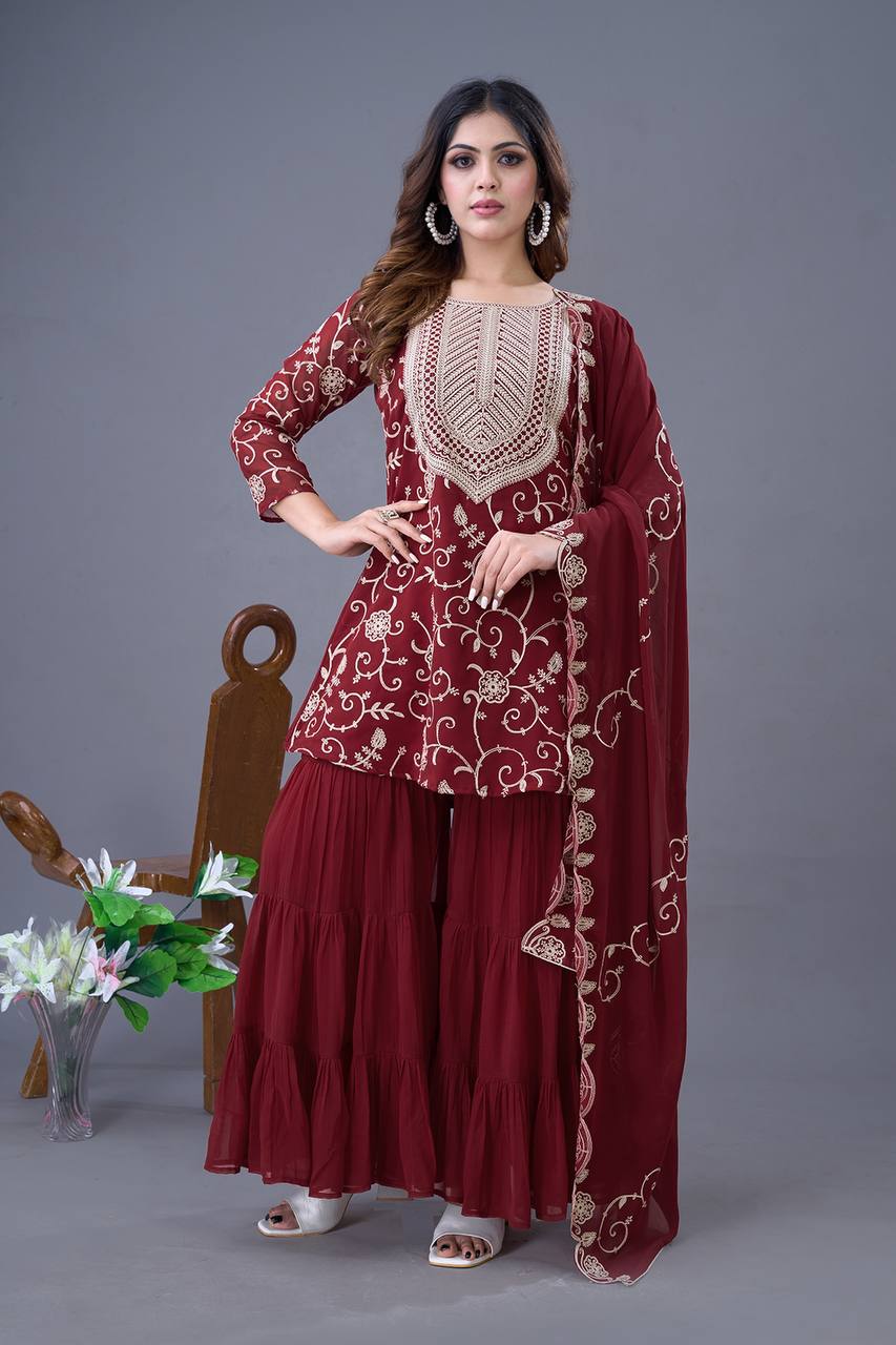 Maroon color georgette sharara suit for women