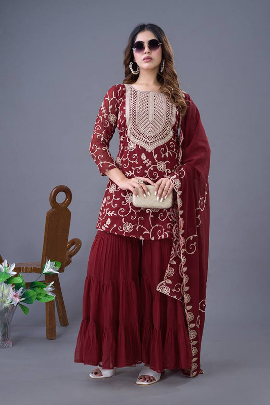 Maroon color georgette sharara suit for wedding